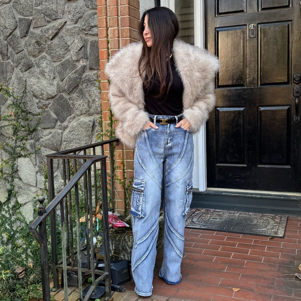 Chic Acid Wash Wide Leg Jeans  With Cargo Pockets Detail